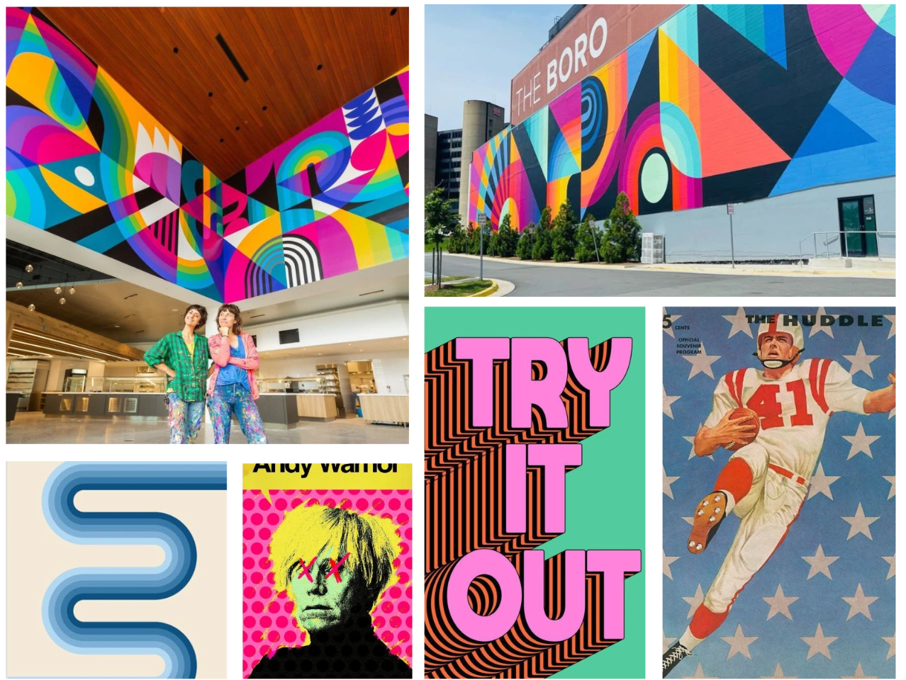 Concept reference collage of colorful murals, layered stripes, pop art and vintage football imagery