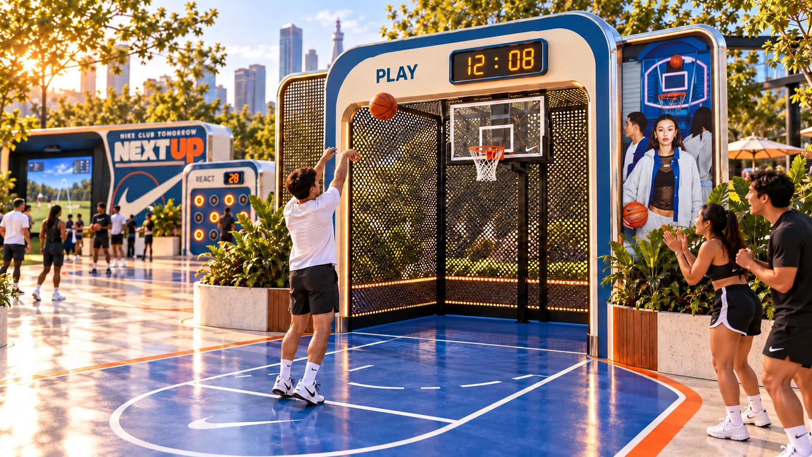 Player shooting at the PLAY basketball station while friends cheer