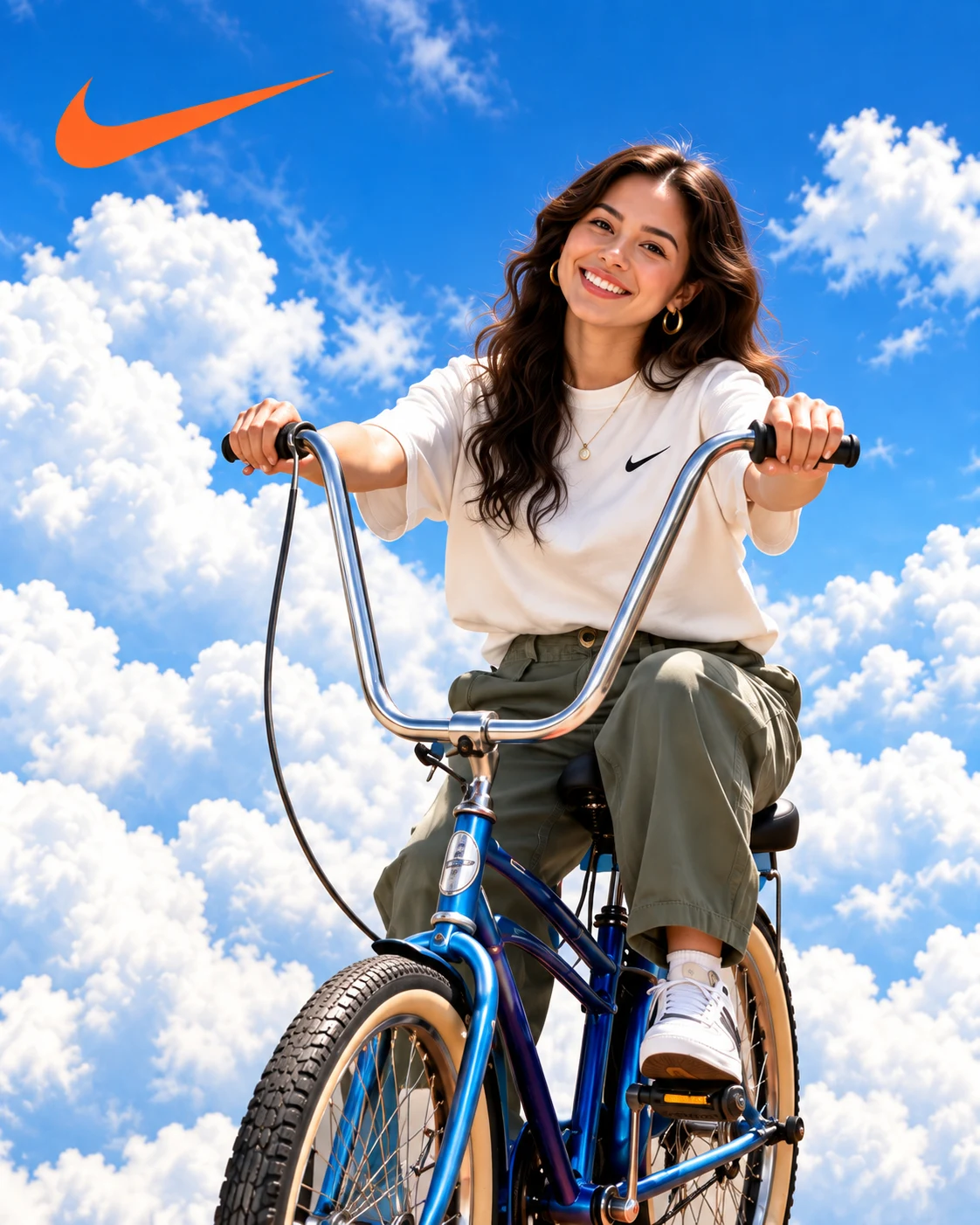 Close-up concept of the guest portrait: a rider and blue bicycle surrounded by sky and clouds