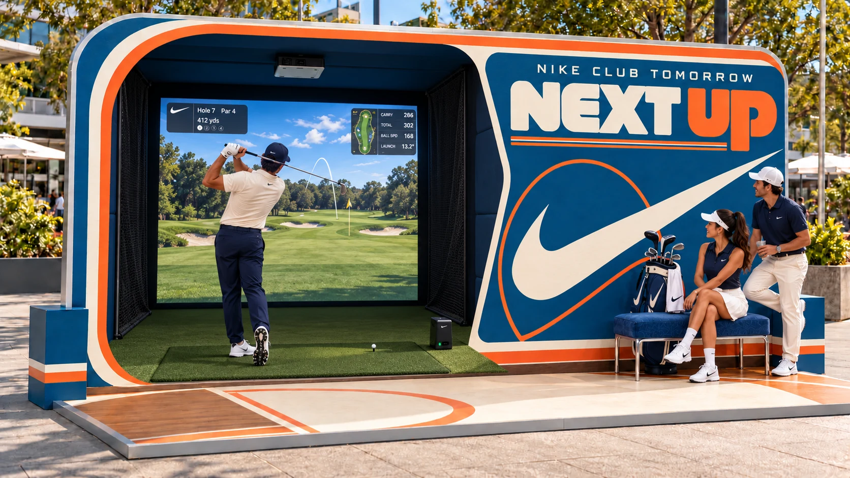 Guest playing a projected golf course inside a shaded Nike golf simulator bay