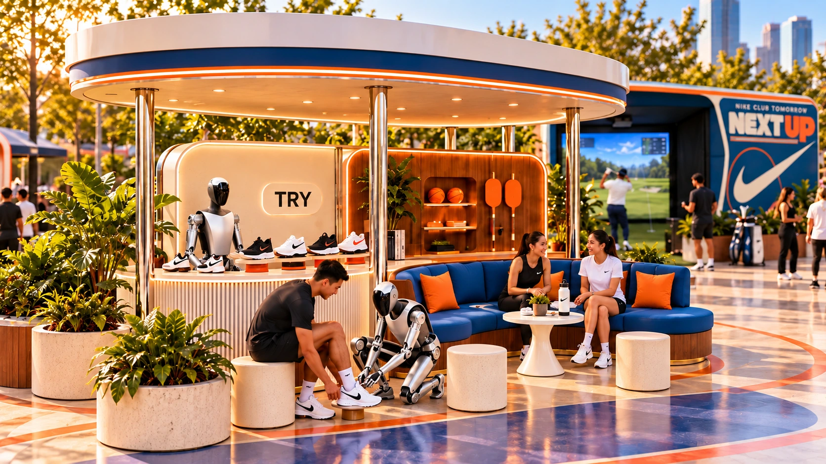 Silver robot host at the TRY sneaker counter with blue lounge seating, orange cushions and plants