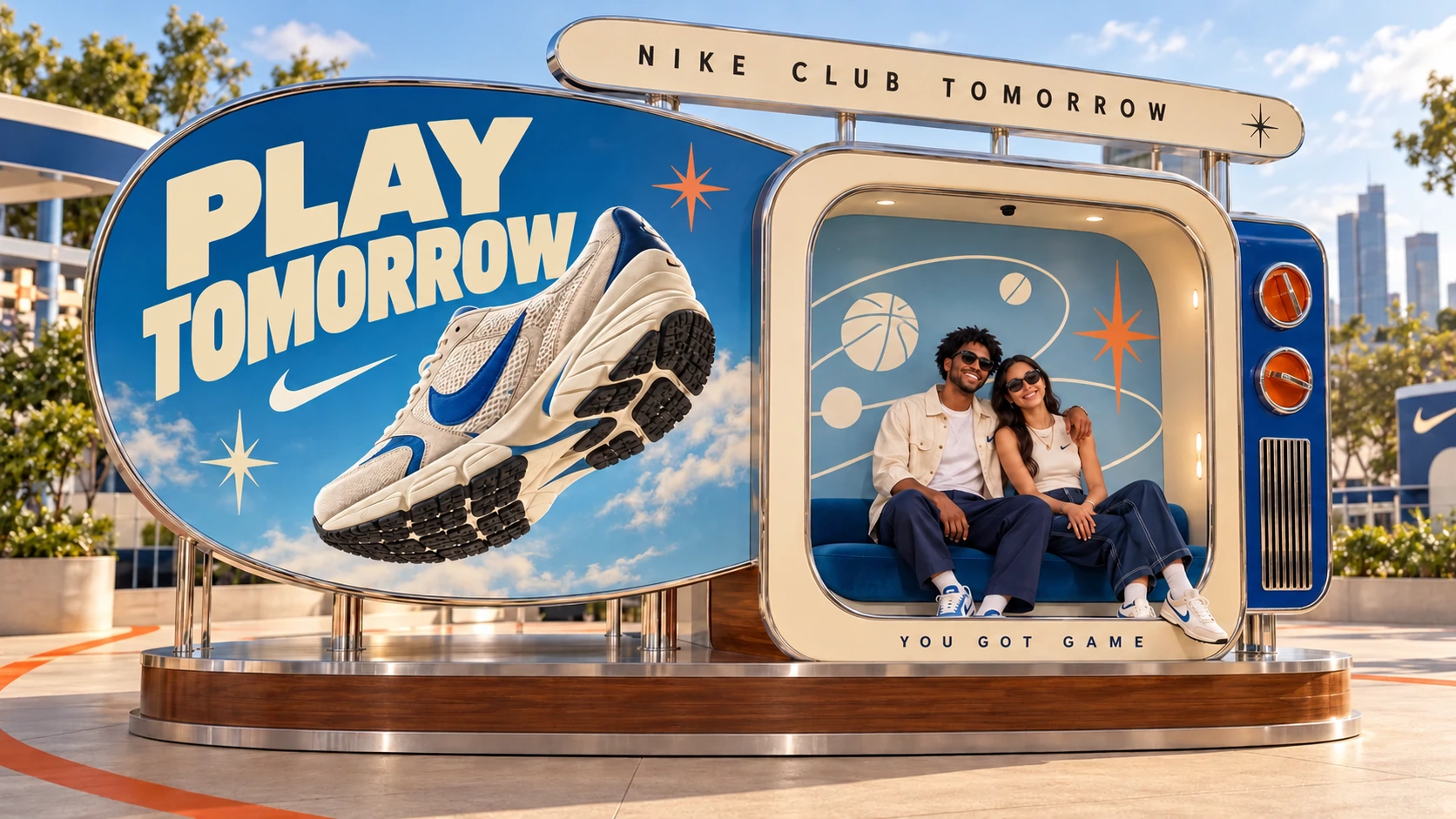 Two guests sitting inside a giant retro television photo booth beside the Play Tomorrow sneaker graphic