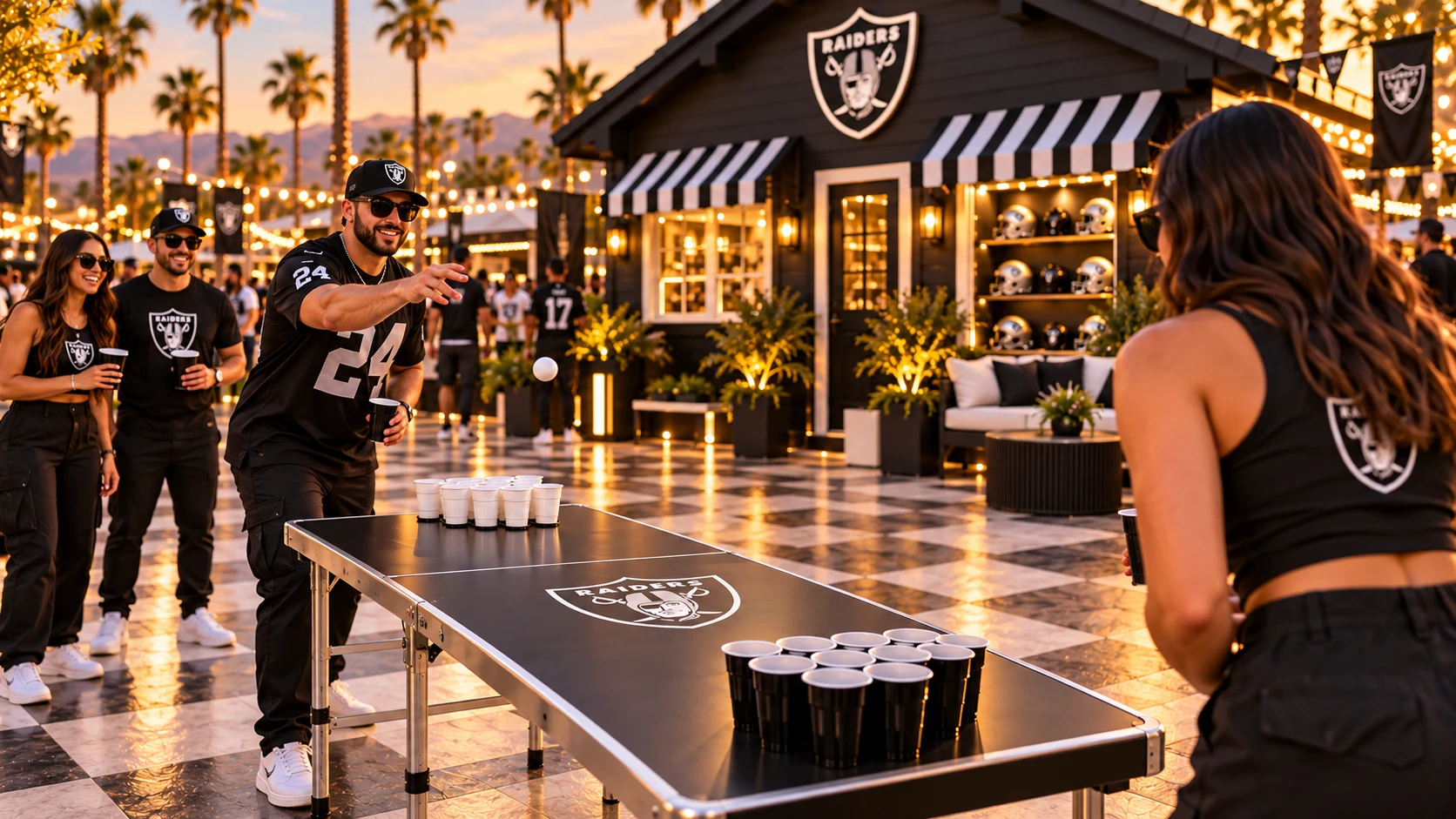 Monochrome cup-pong table at the Raiders game-day courtyard