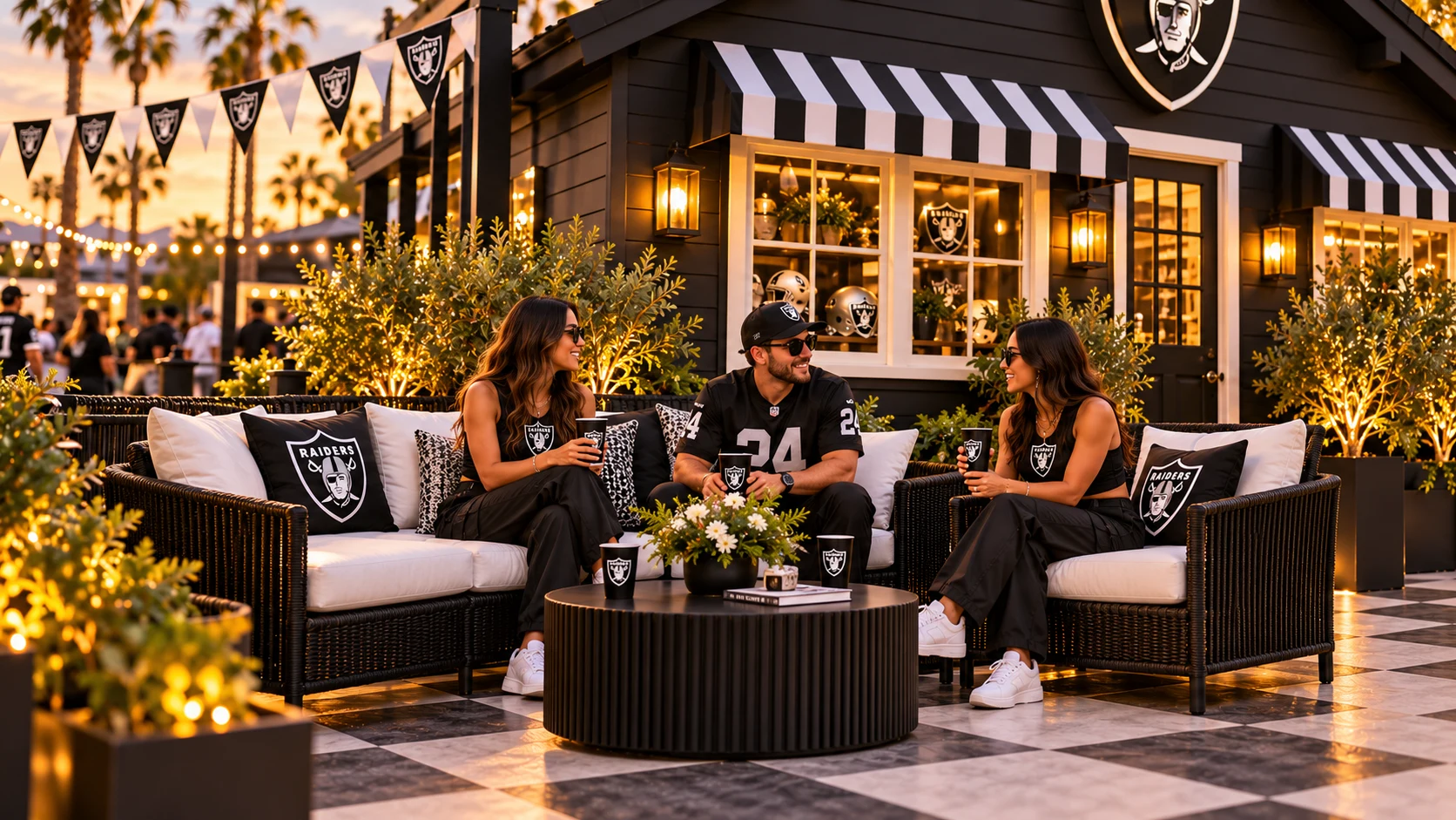 Black and white lounge seating surrounded by planted greenery and warm evening lighting